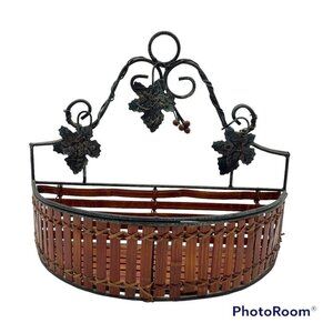 Wall Pocket Basket Semicircle Wood Slat Metal Grape Leaf Scroll French Country